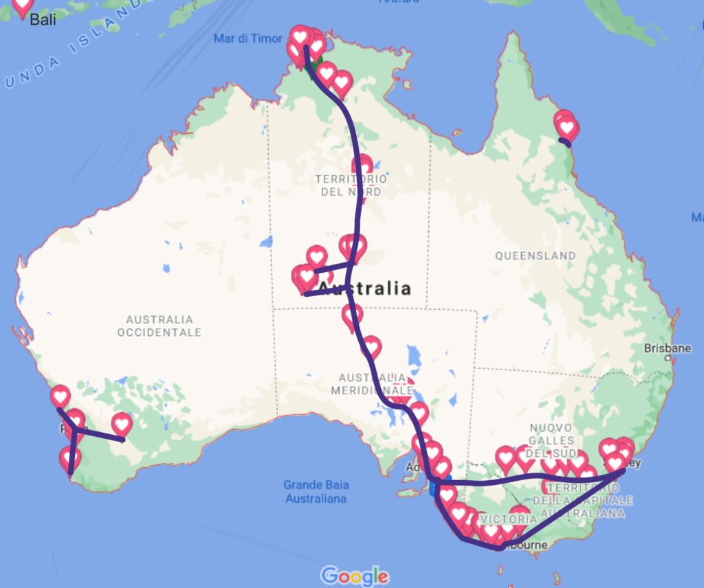 Mappa dei luoghi visitati in Australia in tre mesi di Australia in due più altre quattro settimane con i bambini di 10 e 12 anni